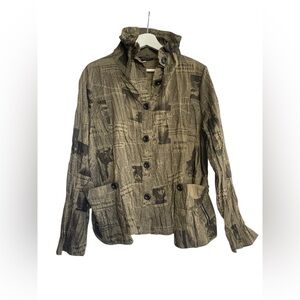 Ki Meng Newspaper Print Jacket Brown Cyber Y2K Grunge Indie Sleaze Size XL